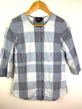 Pendleton Light Blue & Gray Plaid Button Front tunic Top 100% cotton size S